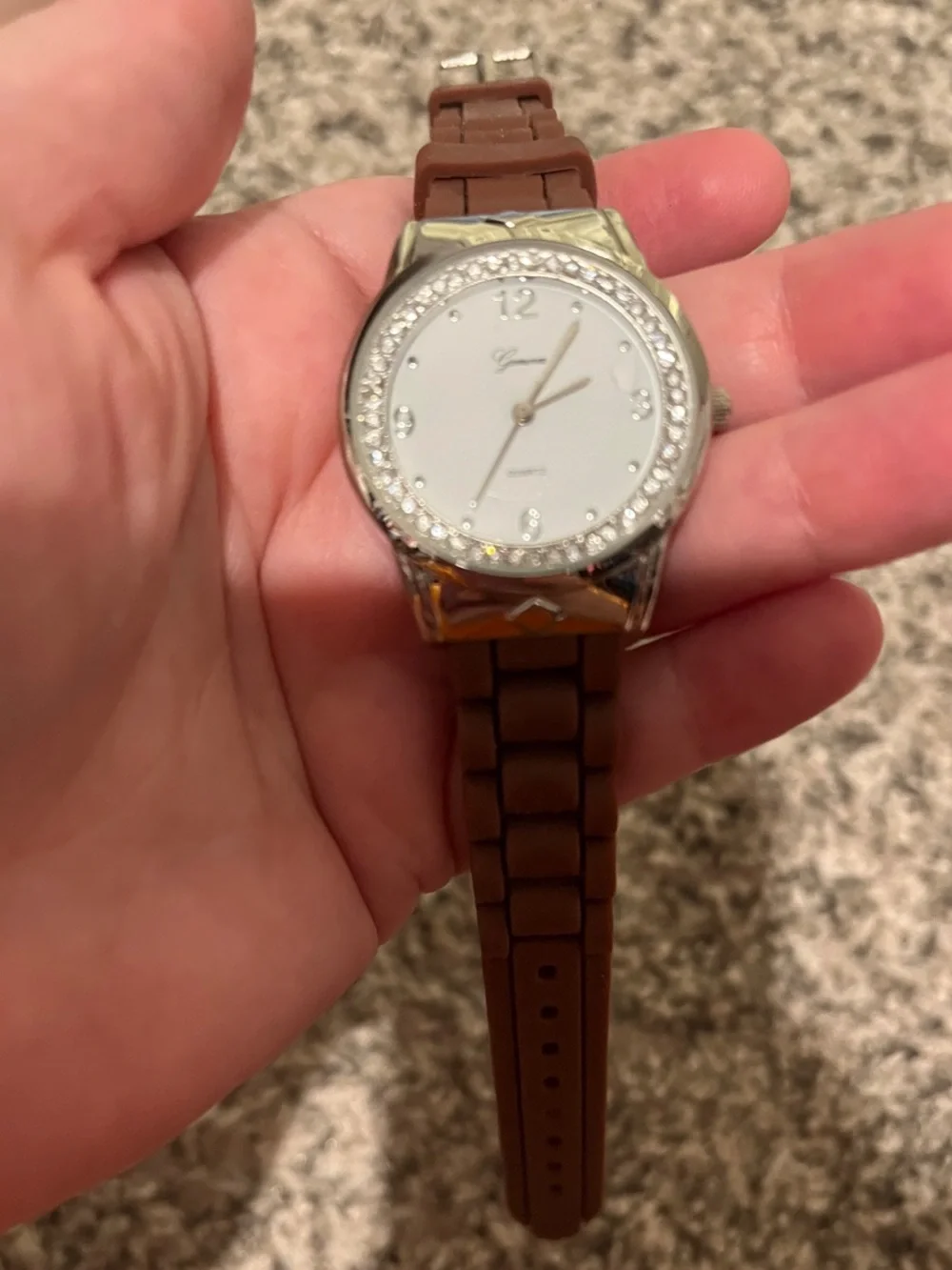 Geneva Silver Watch with Brown Strap and Crystal Accents - Picture 3 of 4